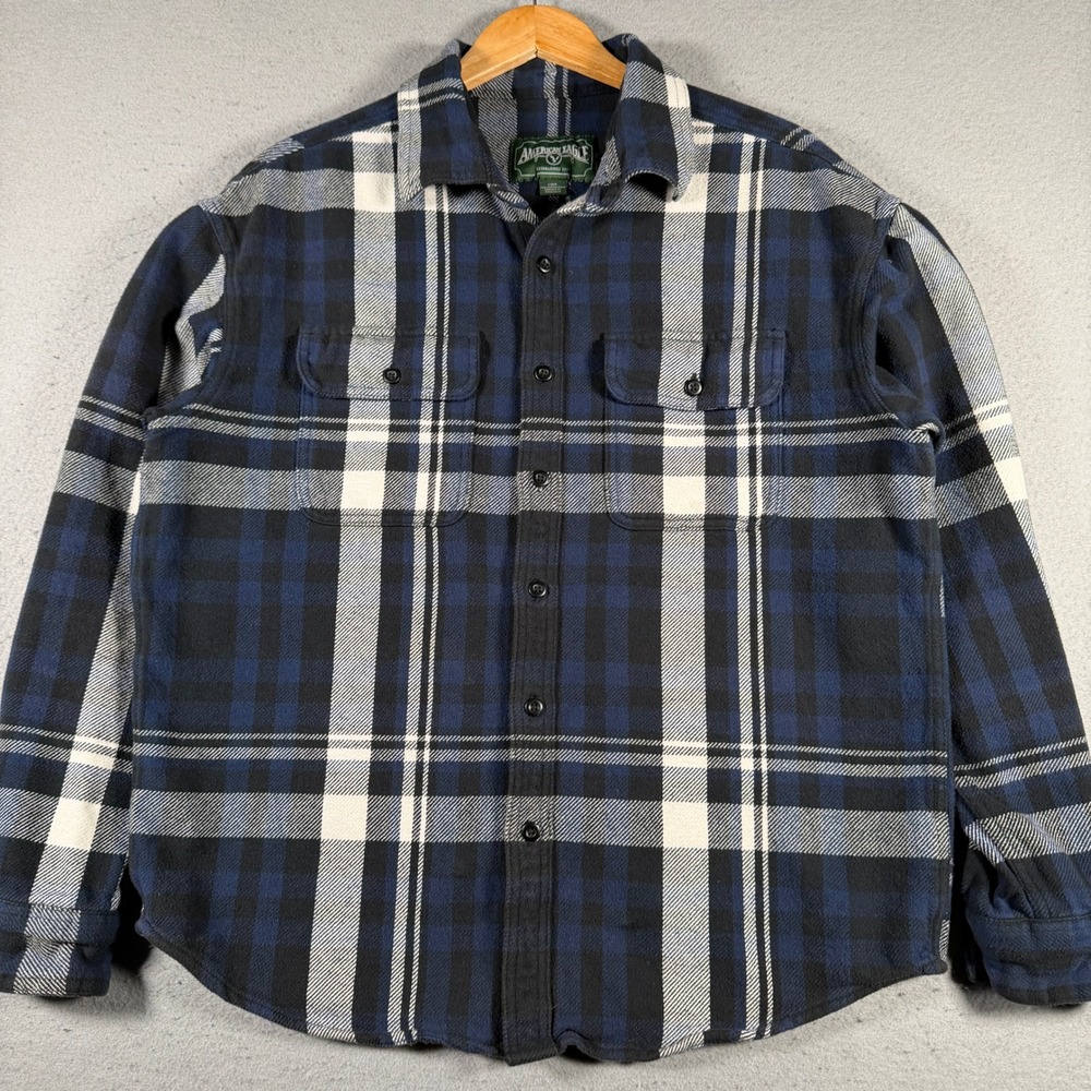 American Eagle Mens Large Navy Blue Plaid Flannel Button Down Shirt 06825 L